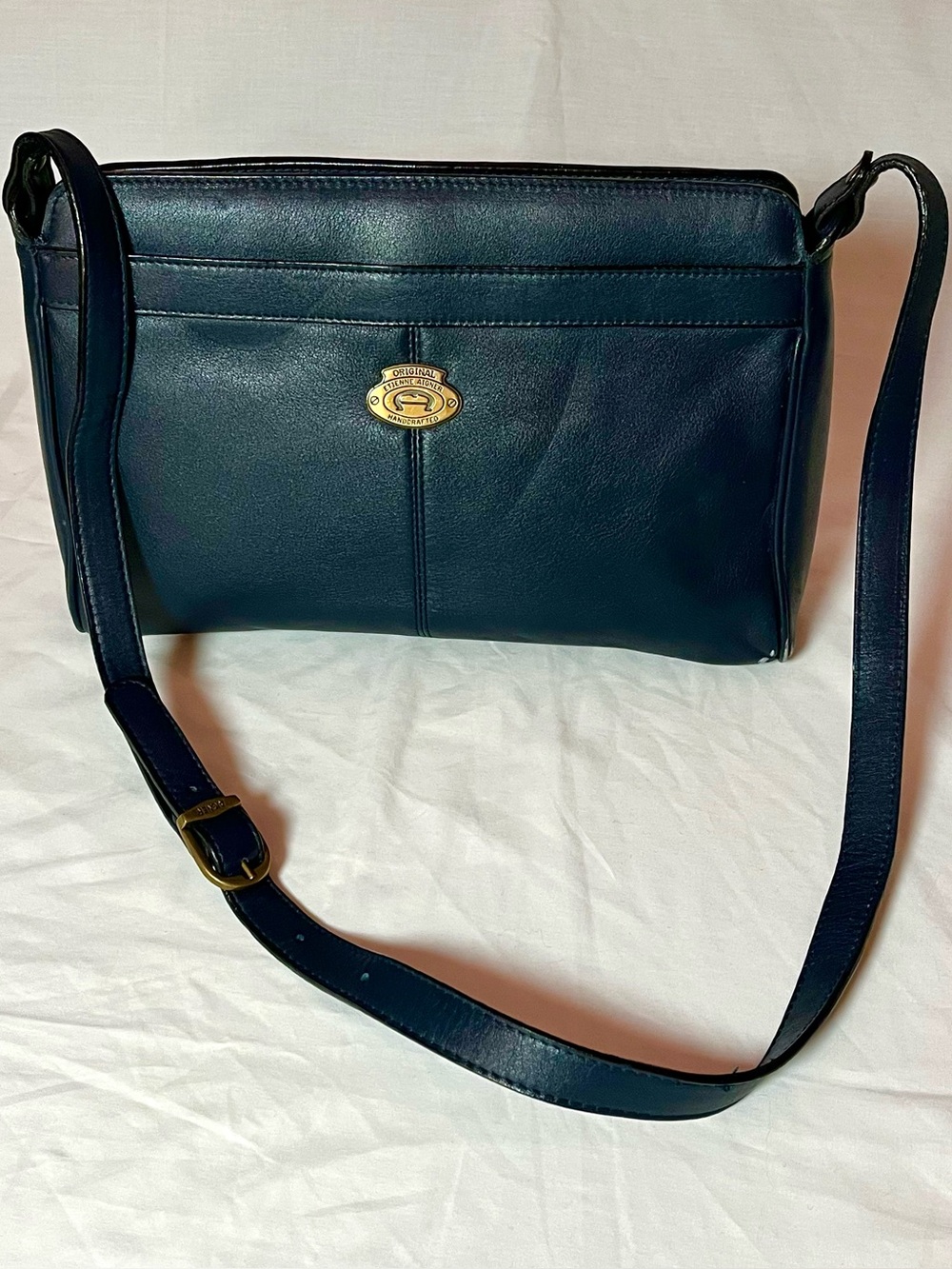 Vintage Etienne Aigner Handcrafted Navy Blue Leather Crossbody Bag Brass Feet